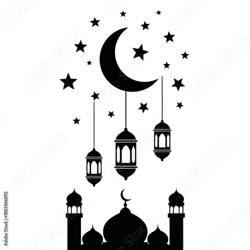 Islamic crescent moon, stars, and lanterns above mosque silhouette for Ramadan and Eid celebration