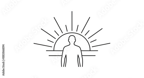 Person standing in front of sunrise or sunset with rays symbolizing hope and new beginnings in a simple line art style