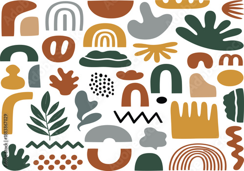 Abstract boho organic shapes vector set with earthy colors, hand drawn elements, modern mid century flat design