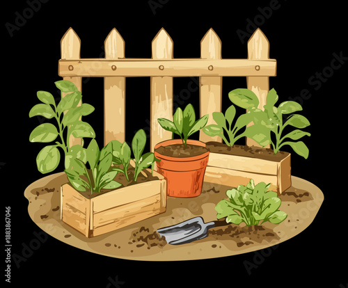 Small home garden with vegetable plants in wooden crates and garden tools near a classic picket fence design