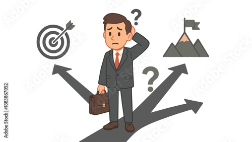 A confused businessman stands at a crossroads with multiple paths ahead