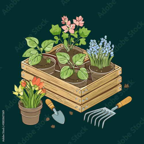 Wooden planter box with potted herbs and gardening tools for urban farming and sustainable home garden design projects