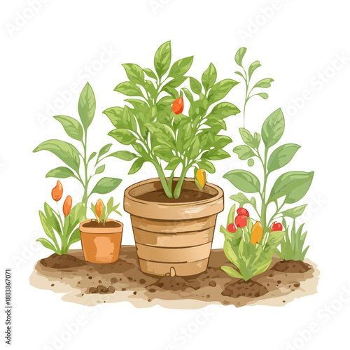 Potted chili plant and garden flowers for home vegetable gardening and organic farming themed illustration and design art