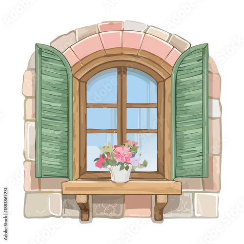 Rustic window with green shutters and a flower pot for countryside home exterior and garden decoration art projects