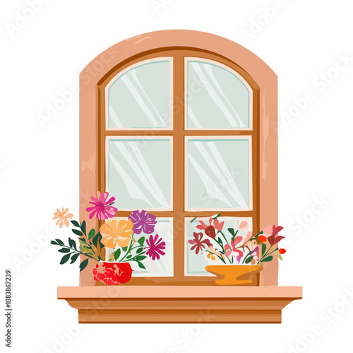 Simple wooden window with pink flowers on the sill for minimalist home decor and spring season nature themes