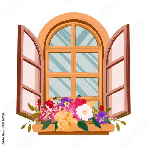 Wooden window with vibrant flower box for cozy cottage home interior and seasonal spring garden decoration art