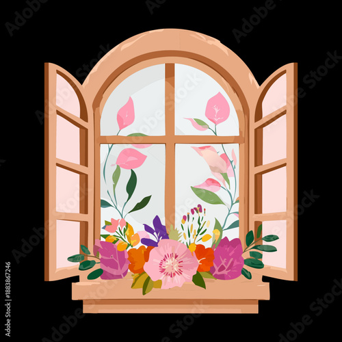 Open window with flower boxes and vibrant blossoms for charming home interior and spring garden decoration design concepts