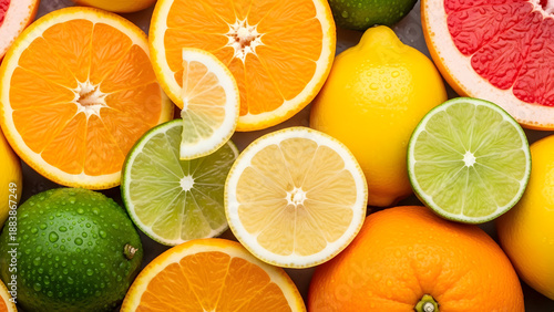 A colorful and refreshing flat lay of sliced oranges lemons limes and grapefruits covered in tiny water droplets for a fresh look