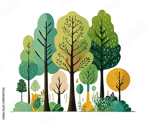 Green forest trees with various shapes and heights for park design and environmental protection nature themed posters