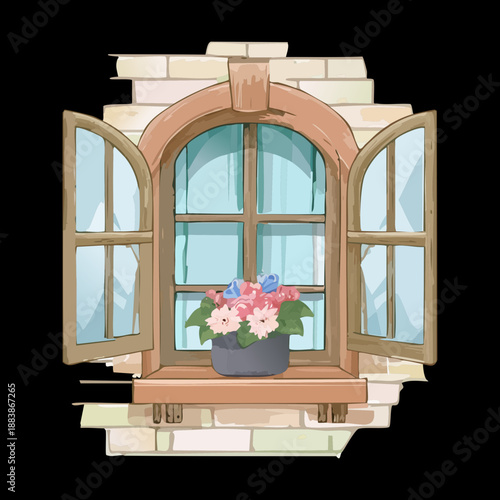 Arched window with a flower box and blooming plants for classic architecture and garden landscape design illustrations