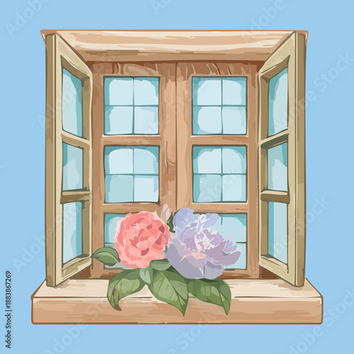 Open wooden window with pink flowers on the sill for romantic home interior and spring season decoration concepts