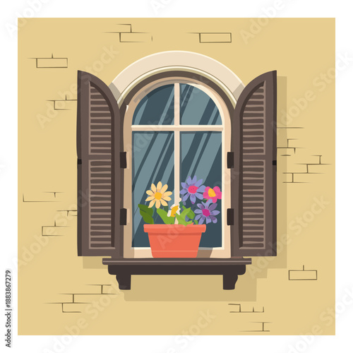 Rustic wooden window with shutters and flower box for countryside cottage home exterior and garden design art projects