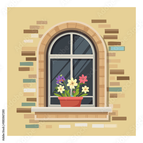 Arched brick window with vibrant flowers on the sill for charming cottage home exterior and nature garden design