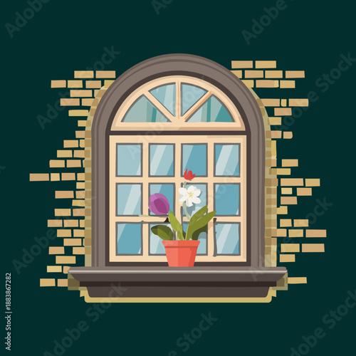 Brick wall window with a flower pot and colorful blossoms for rustic home exterior and cozy garden design