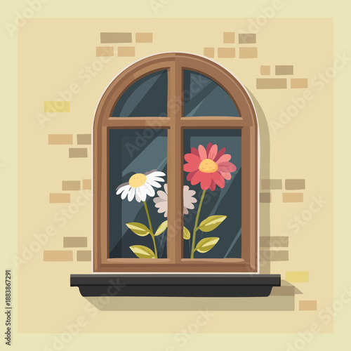 Arched window with colorful flowers on the sill for mediterranean style home exterior and garden decoration design projects