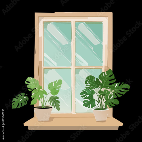 View of a window with green potted plants on the sill for cozy apartment living and home decoration concepts