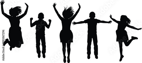 Jumping children silhouette set, playful kids vector, happy childhood moment, cad drawing flat vector illustration, energetic pose, isolated design