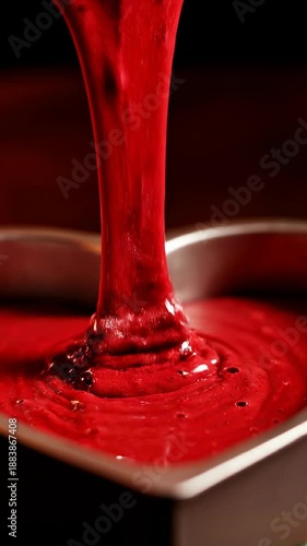 Slow motion pour of red velvet cake batter into heart shaped pan