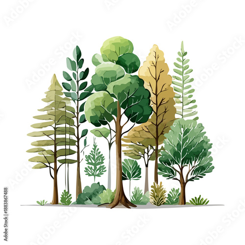 Dense woodland cluster with various heights and species of green trees for environmental awareness and forest protection posters