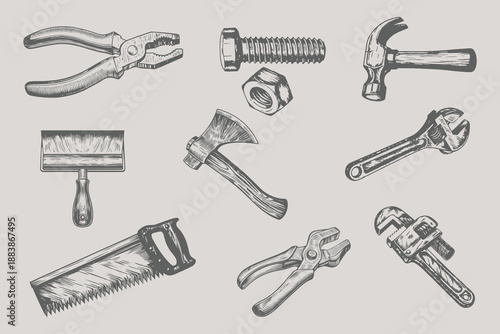wrench, chisel, axe, nut, Saw, hammer, screwdriver vector illustration Engineering vehicle. Trendy retro Construction element for modern design. Eps 10