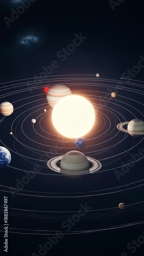 A vibrant solar system illustration featuring planets orbiting a bright, glowing sun.