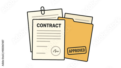 An approved contract document in a yellow folder on a white background