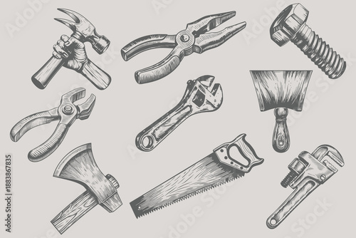 Trendy retro Saw, hammer, screwdriver, wrench, chisel, axe, nut set for creative design vector illustration. Vintage Construction element for modern design. Eps 10