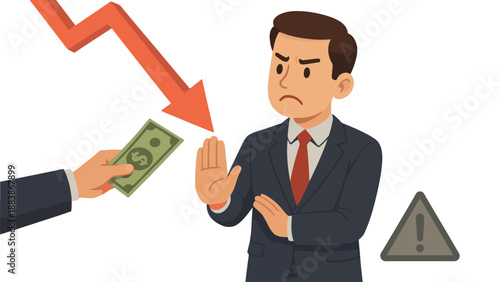 A cartoon businessman refusing money with a worried expression and warning signs