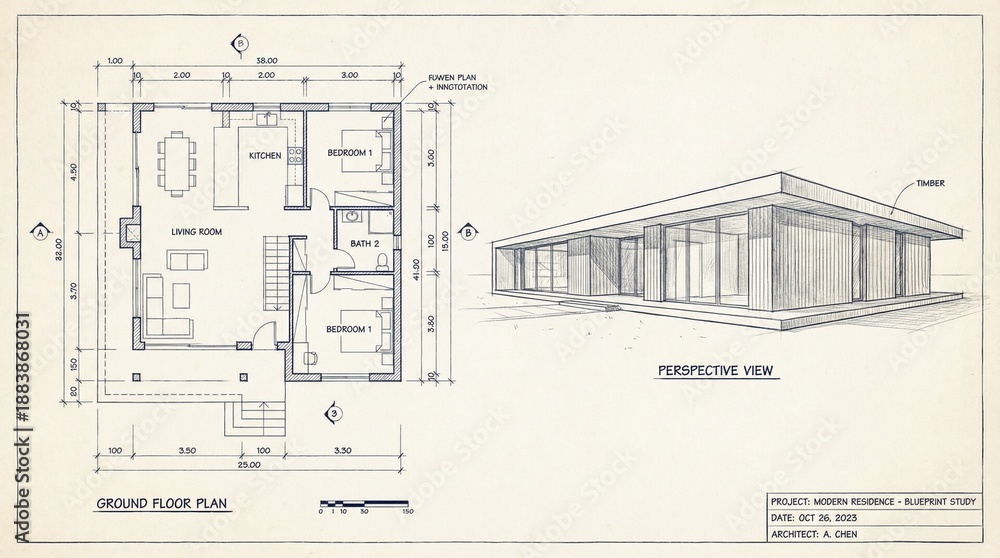 Fototapeta Architectural blueprint study presenting the ground floor plan and perspective view for a contemporary timber-clad modern residence design project.