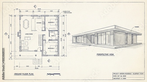 Architectural blueprint study presenting the ground floor plan and perspective view for a contemporary timber-clad modern residence design project.