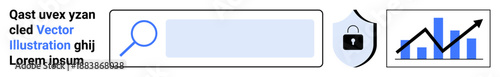 Data security, analytics, business trends, internet search, cybersecurity, digital insights. Shield with lock, search bar and graph illustration. Data security and analytics concept