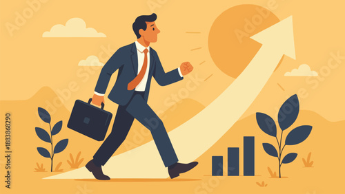 A businessman running up a growing graph with an upward trend arrow