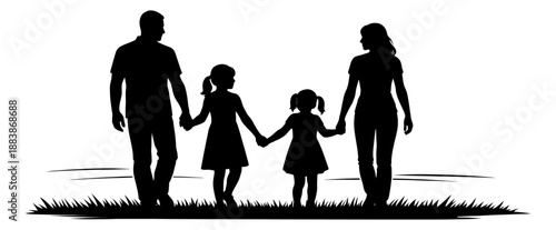 Silhouette illustration of a family depicting a father, mother, and two daughters holding hands for family concepts