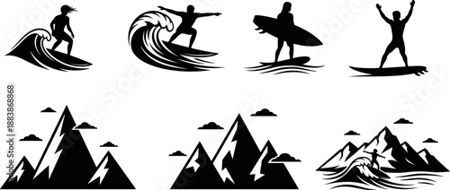 Surfing and mountain adventure silhouettes set featuring surfers on waves, coastal mountains, extreme outdoor sports icons for travel, nature, lifestyle, and action branding design