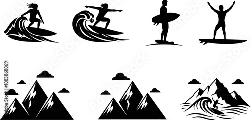 Surfing and mountain adventure silhouette set with surfers riding waves, standing poses, and mountain landscapes, extreme outdoor sports vector illustrations for travel, lifestyle, and branding design
