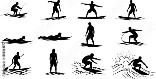 Surfing silhouette action set showing surfers riding waves, paddling, balance and tricks, extreme ocean sport collection, black and white vector illustration isolated