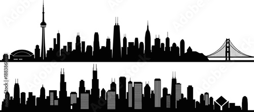 Toronto city skyline silhouette with iconic landmarks and modern skyscrapers, urban cityscape panorama, black and white vector illustration isolated on white background for travel