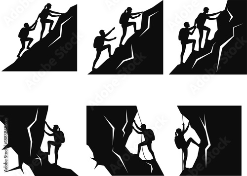 Teamwork and leadership silhouettes of climbers helping each other reach mountain peak, business success motivation concept vector illustration set isolated on white