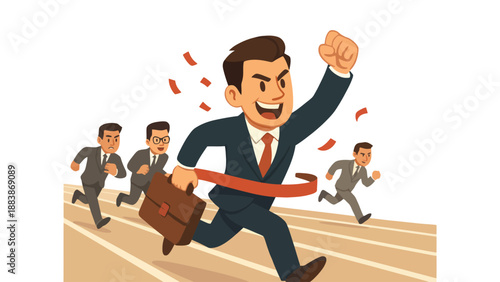 A cartoon businessman in a suit crossing the finish line ahead of others