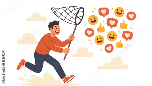 A cartoon man catching social media likes and hearts with a net