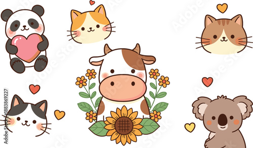 Cute animal face illustration set with cow, panda, cats and koala, kawaii cartoon characters with hearts flat vecto