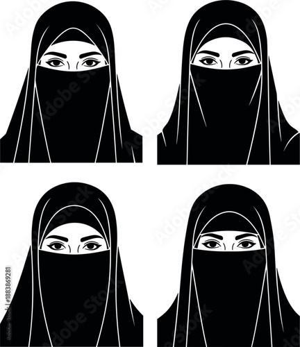 Muslim woman wearing black niqab and hijab portrait set vector illustration depicting traditional Islamic modest dress for middle eastern culture and religion.