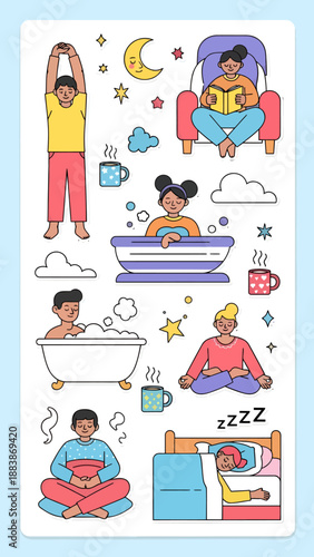 People Engaging in Various Relaxation Techniques in a Serene Environment Illustrated