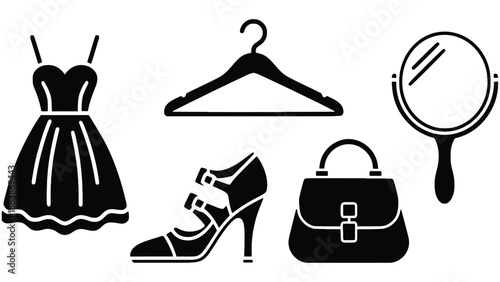 A collection of black and white fashion icons on a white background