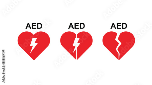Automated External Defibrillator AED heart symbols for medical emergency response