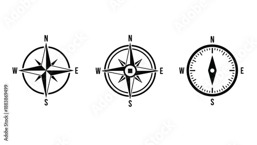Three different compass designs on a white background for navigation
