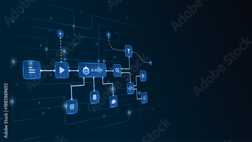 AI workflow automation artificial intelligence. ai agent network diagram flow process, filtering and automation system.