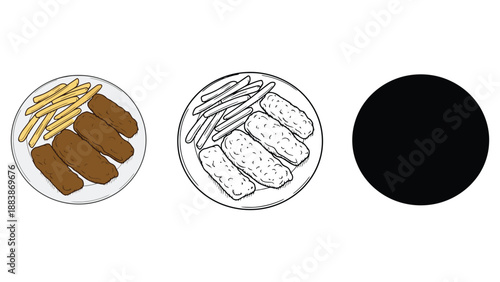 An illustration of two plates of fish and chips with a black circle