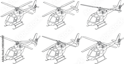Helicopter vector set featuring modern civil and emergency aviation aircraft in line art style for transportation, flight school, and rescue service graphic design.