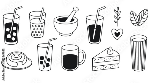 A collection of various drinks and desserts in a simple line drawing style